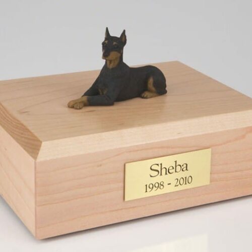 Doberman figurine cremation urn w/wood box