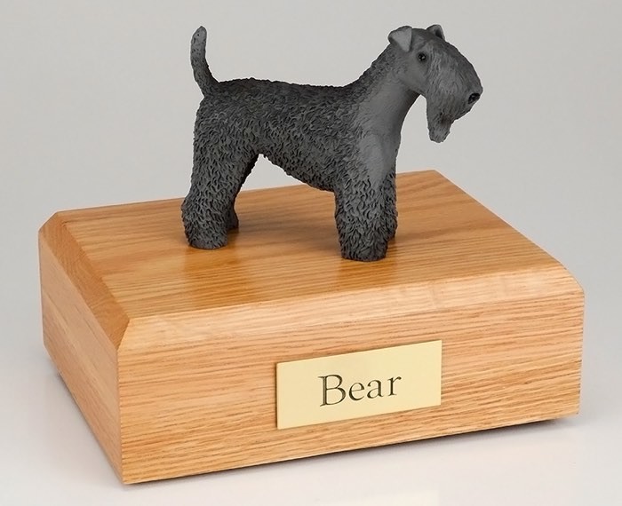 Kerry Blue Terrier figurine cremation urn w/wood box