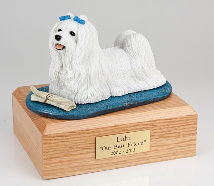 Maltese figurine cremation urn w/wood box