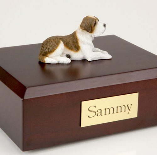 Saint Bernard figurine cremation urn w/wood box