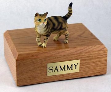 Brown Tabby cat figurine cremation urn w/wood box