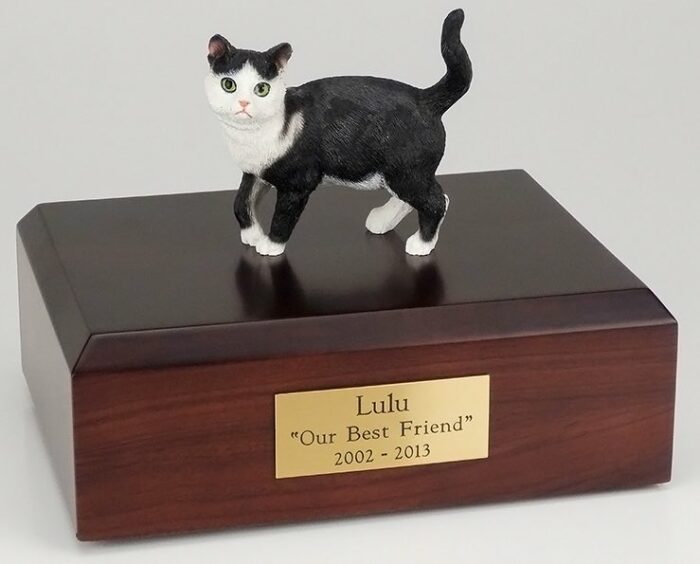 Black/white Tabby cat figurine cremation urn w/wood box