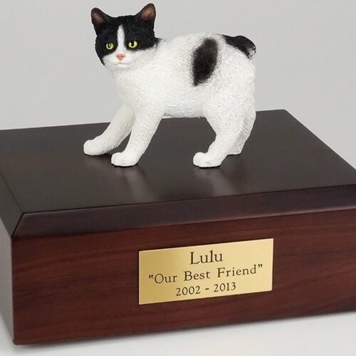 Manx cat figurine cremation urn w/wood box