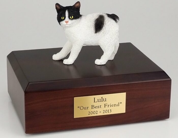 Manx cat figurine cremation urn w/wood box