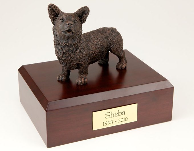 Bronze-look Welsh Corgi figurine cremation urn w/wood box