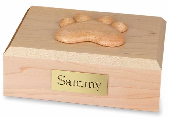 Wood pet cremation urn - maple, with paw print decoration on top
