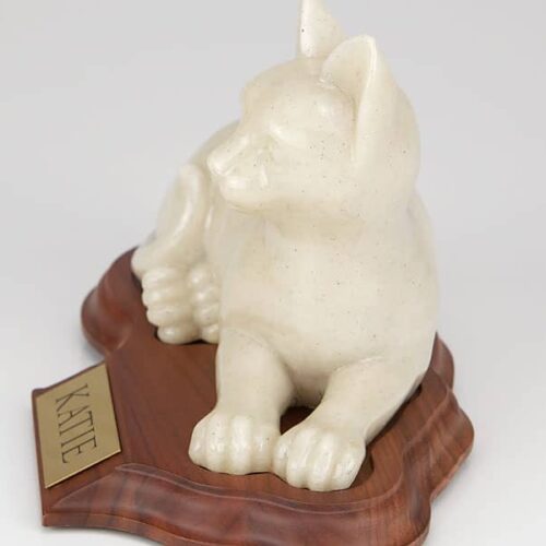 Stone and Resin Porcelain-style Cat Cremation Urn with base, laying
