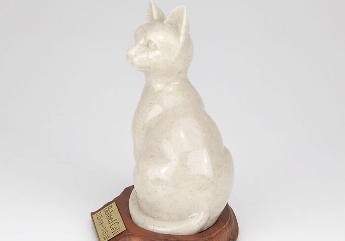 Stone and Resin Porcelain-style Cat Cremation Urn with base, sitting
