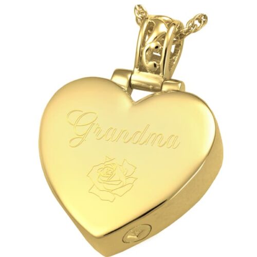 Filigree Bail Heart Cremation Pendant, 18k Gold Plated, engraved