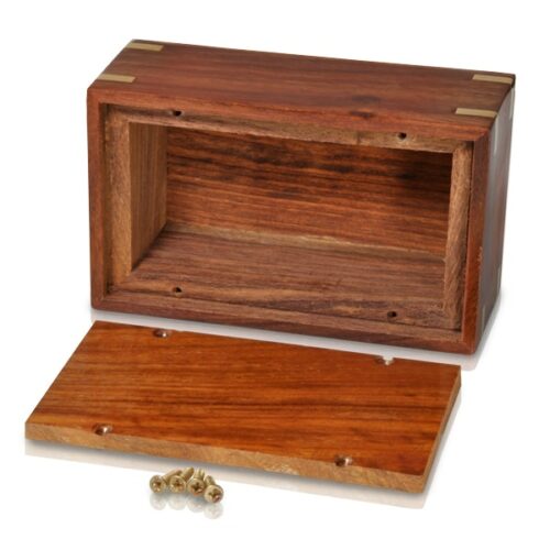 Traditional rosewood cremation urn with brass corner inlays, bottom
