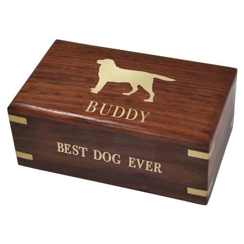 Small rosewood dog urn with engraved front and silhouette, gold fill