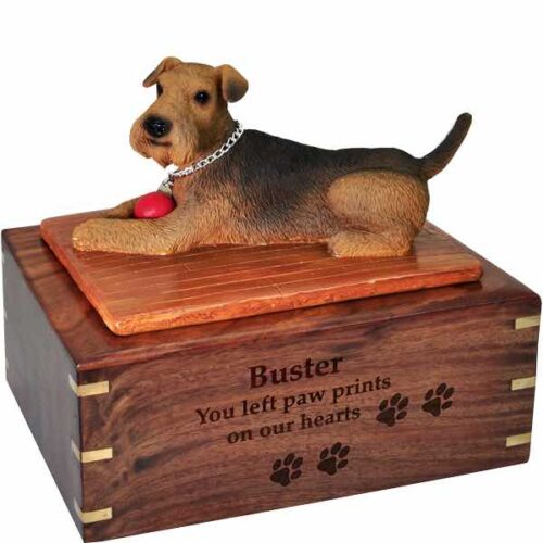 Airedale Figurine Cremation urn, large, with engraved wood