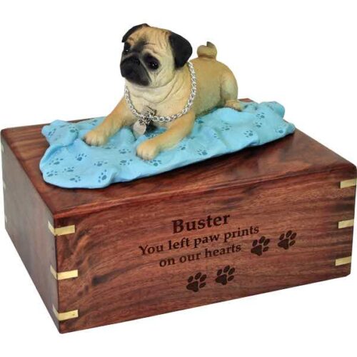 Fawn Pug on blanket Cremation Urn with engraved wood, large