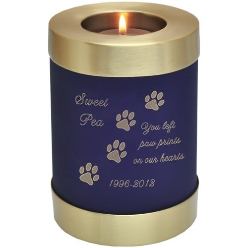 Blue nightfall brass candle holder cremation urn, engraved with paw print clip art