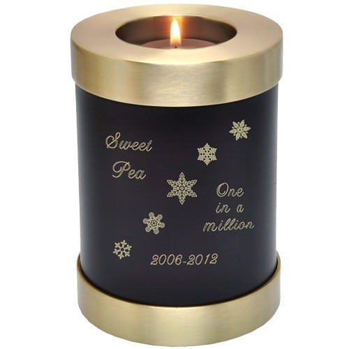 Espresso brown brass candle holder cremation urn, engraved