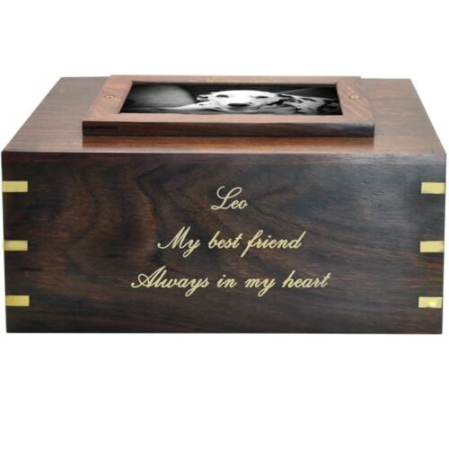 Rosewood photo frame cremation urn, engraved front, gold fill