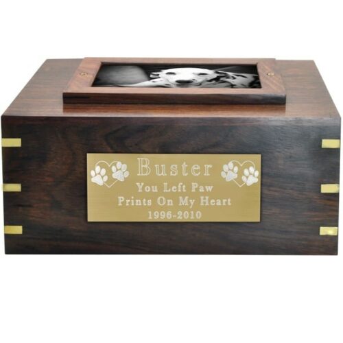 Rosewood photo frame cremation urn, with large engraved brass plate