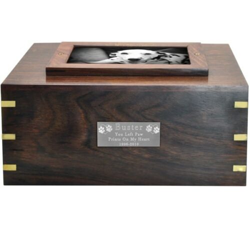 Rosewood photo frame cremation urn, with small engraved silver plate
