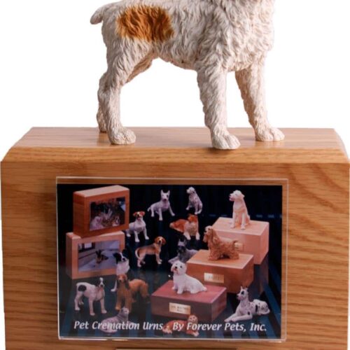 Hardwood photo hold urn with Brittany dog figurine on top