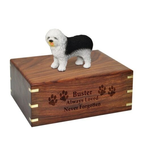 Old English Sheepdog dog figurine cremation memorial urn, engraved wood