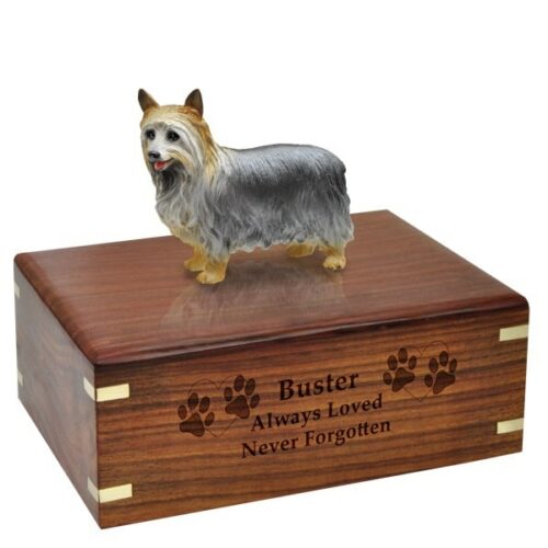 Silky Terrier dog figurine cremation memorial urn, engraved wood