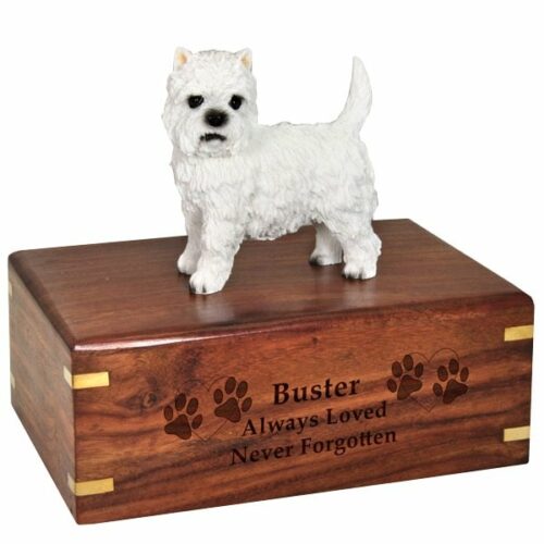 West Highland Terrier westie dog figurine cremation memorial urn, engraved wood