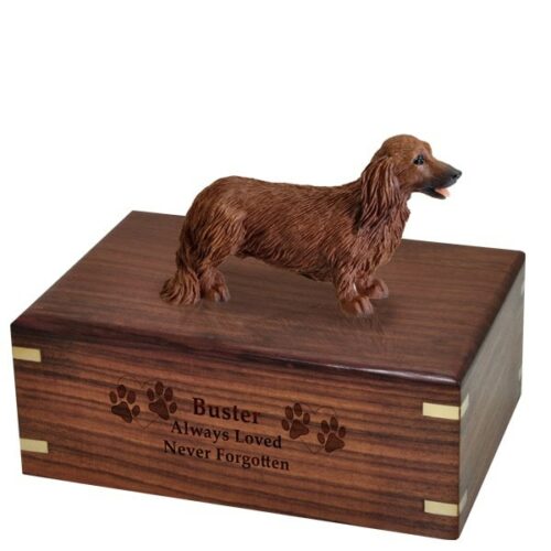 Longhaired Red Dachshund dog figurine cremation urn, with engraved wood