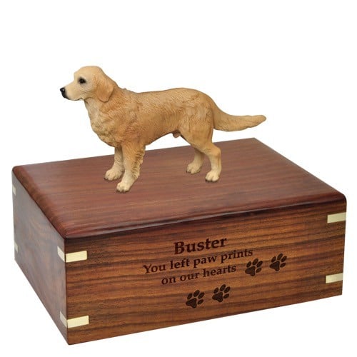 Golden Retriever dog figurine cremation memorial urn, engraved wood