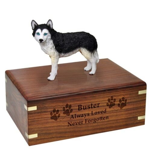 Husky dog figurine cremation memorial urn, engraved wood