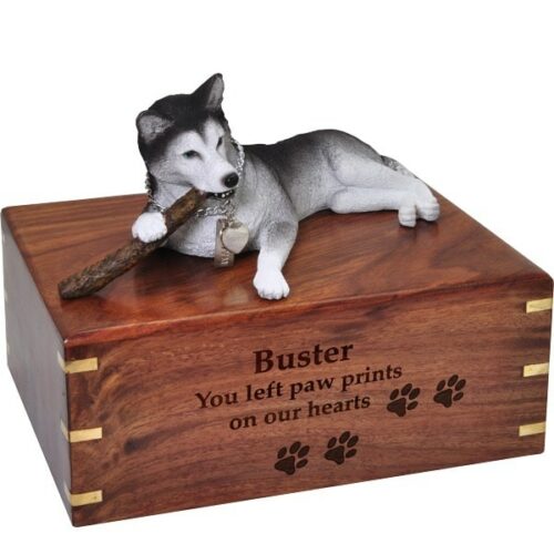 Husky dog figurine cremation memorial urn, engraved wood