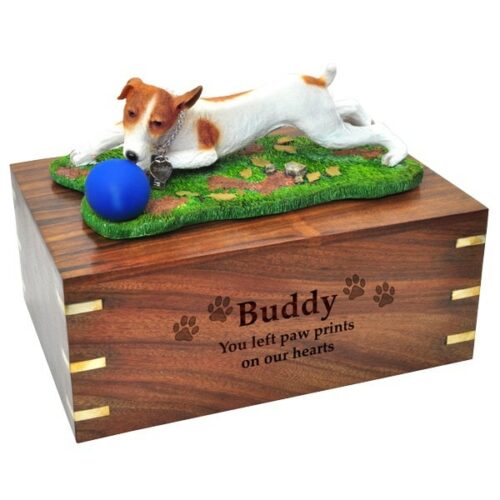 Jack Russell Terrier dog figurine cremation memorial urn, engraved wood