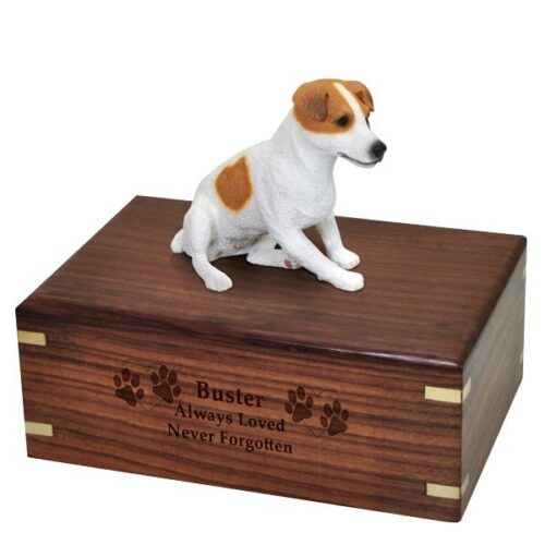 Jack Russell Terrier dog figurine cremation memorial urn, engraved wood