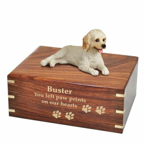 Labradoodle dog figurine cremation memorial urn, engraved wood, gold fill