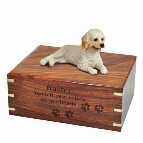 Labradoodle dog figurine cremation memorial urn, engraved wood