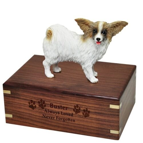 Papillon dog figurine cremation memorial urn, engraved wood