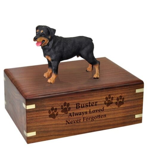 Rottweiler dog figurine cremation memorial urn, engraved wood