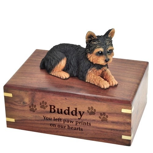 Yorkshire Terrier yorkie dog figurine cremation memorial urn, engraved wood