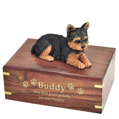 Yorkshire Terrier yorkie dog figurine cremation memorial urn, engraved wood, golf fill
