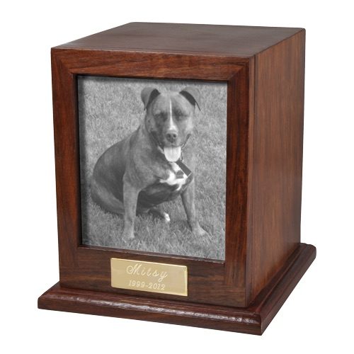 Rosewood wood cremation urn with photo holder, black & white dog photo