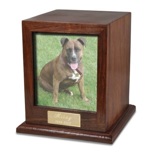Rosewood wood cremation urn with photo holder, color dog photo