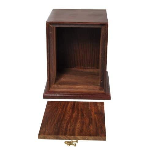 Rosewood wood cremation urn with photo holder, black & white dog photo, back open