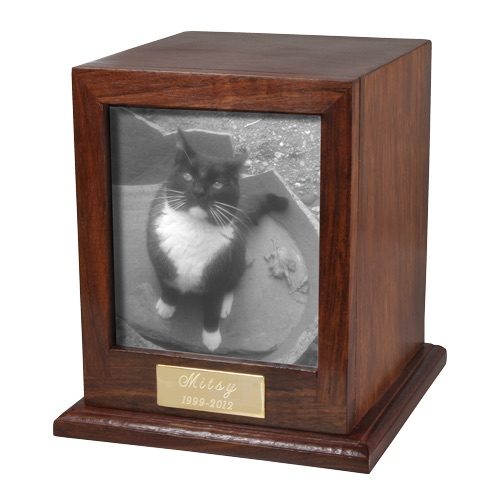 Rosewood wood cremation urn with photo holder, black & white cat photo