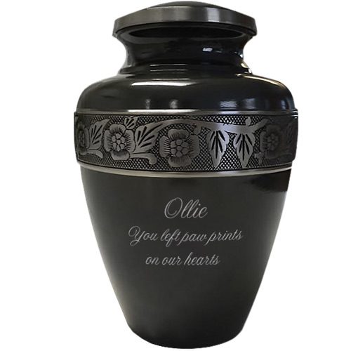 Traditional vase urn for pet ashes, gunmetal color, script engraving