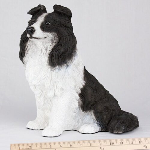 Border Collie pet dog cremation urn figurine, with ruler