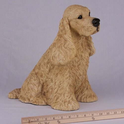 Buff Cocker Spaniel pet dog cremation urn figurine, with ruler