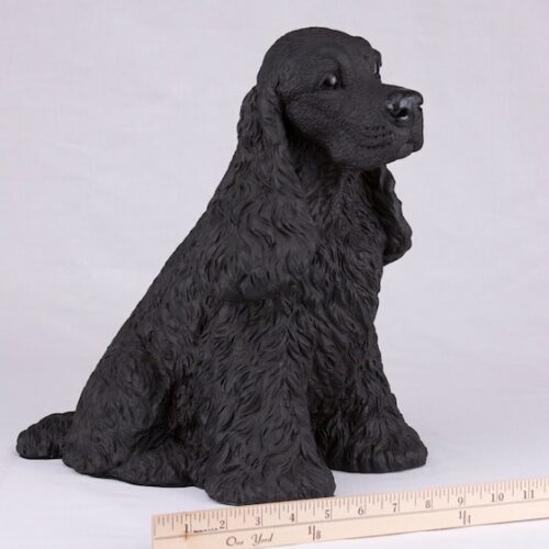 Black Cocker Spaniel pet dog cremation urn figurine, with ruler