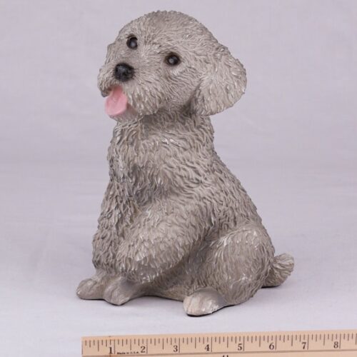 Gray Poodle pet dog cremation urn figurine, with ruler