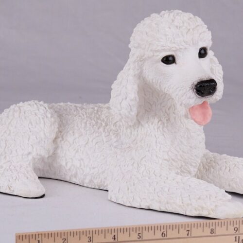 White Poodle pet dog cremation urn figurine, with ruler