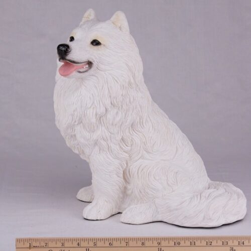 Samoyed pet dog cremation urn figurine, with ruler