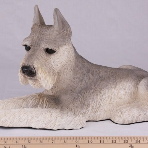 Schnauzer pet dog cremation urn figurine, ears up, with ruler